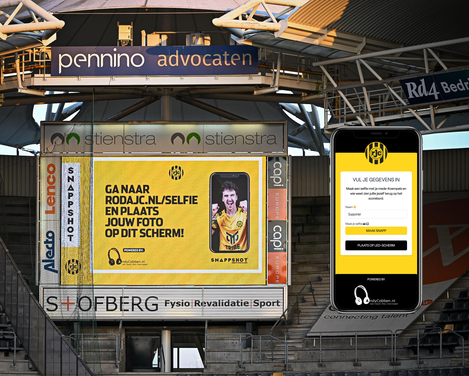 Stadionscherm Roda JC met daarop Snappshot foto's zichtbaar
